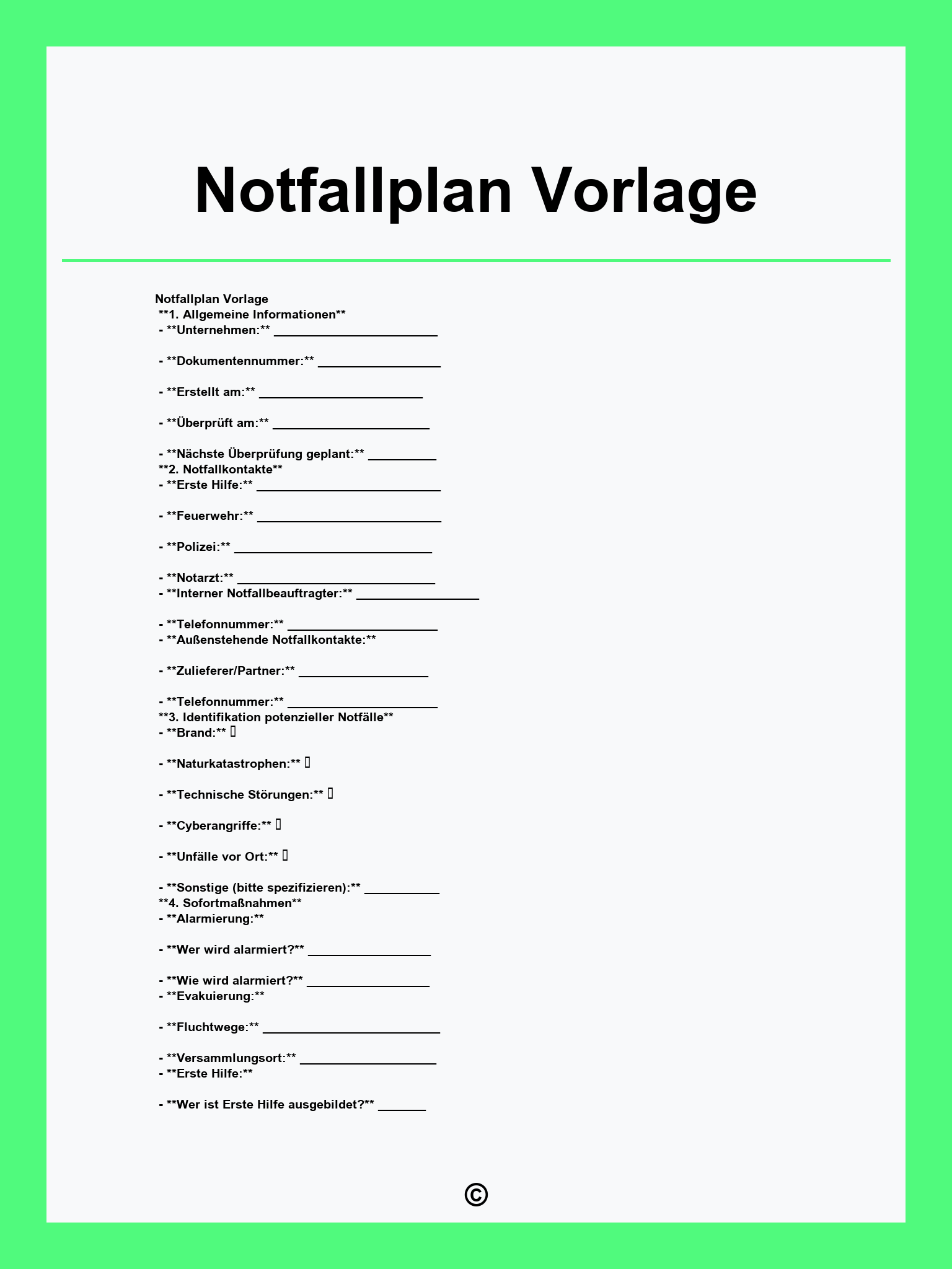 Notfallplan Vorlage